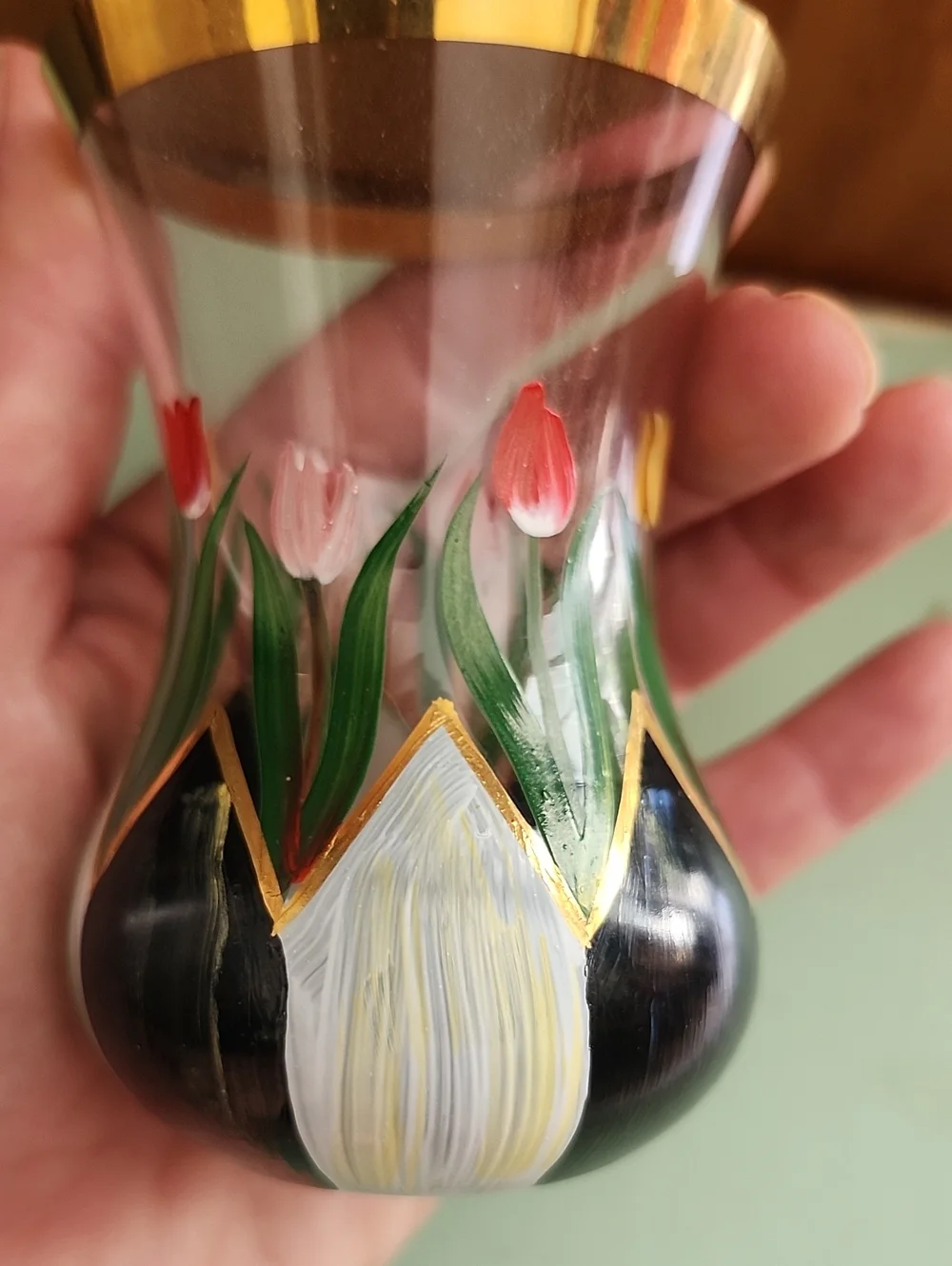 Mackenzie Childs Hand-Painted Tulip Tea Glass Vase with Gold Rim